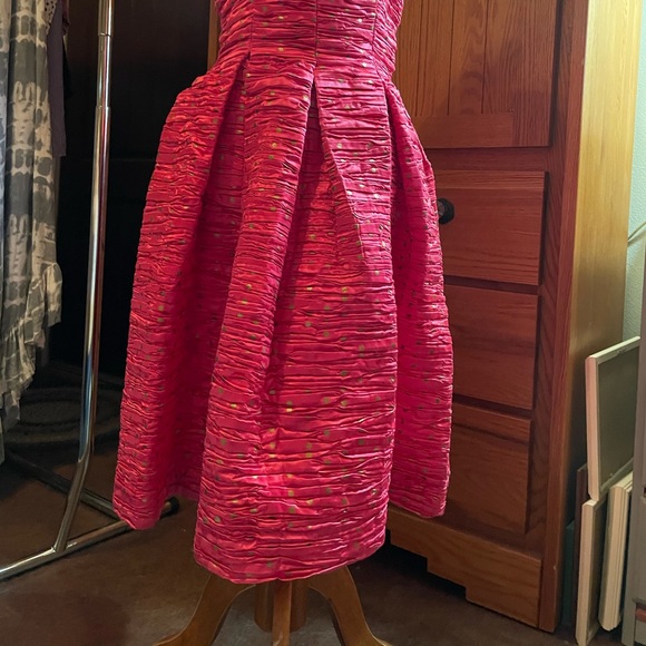 Vintage Expo Nite Small Hot Pink & Gold Polka Dot Strapless Occasion Dress - Picture 5 of 6